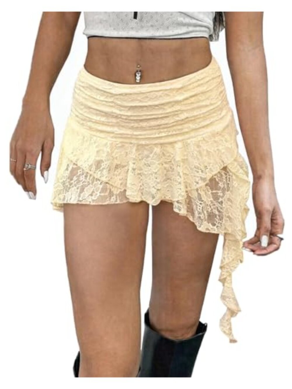 Lace Layered Mini Skirt Ruched A Line Tiered Ruffle